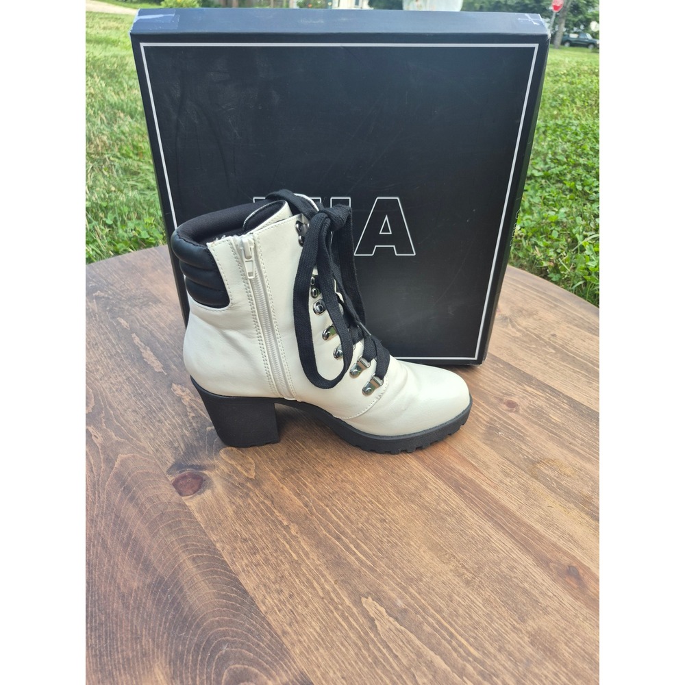 MIA Arylei Womens Ivory Black Lace Up Combat Boots Side Zip Block Heel Size 8.5M - Picture 1 of 9